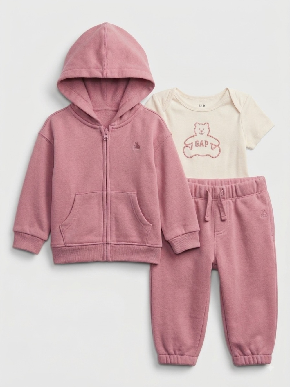 GAP Pink Hoodie, Joggers & Cream Bear Bodysuit Set
